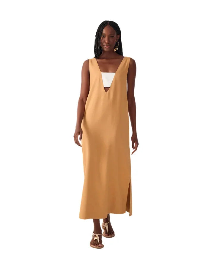 Dress To Beige Cut Out Side Slit Linen Midi Dress – BLU'S