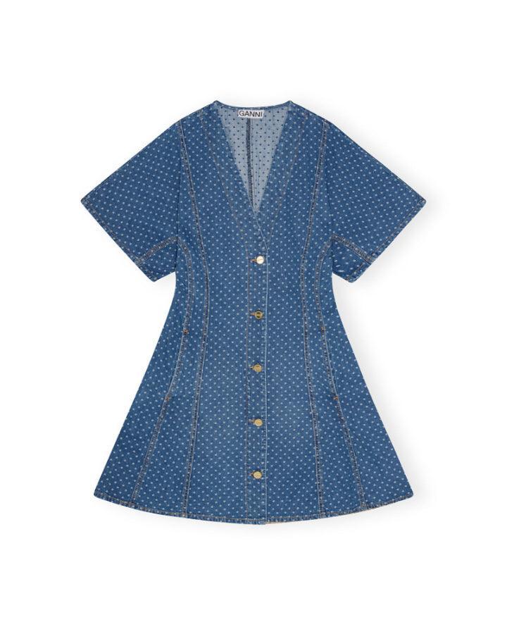 ganni polka dot denim dress Ganni Denim Mini Dress - Blue Polka Dot