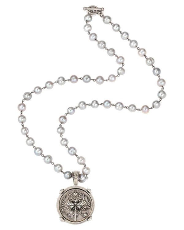French Kande - Silver Pearls Bee Medal Neckalce