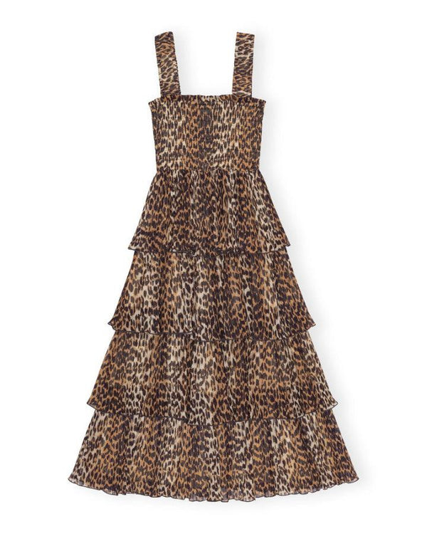 Ganni - Leopard Pleated Georgette Flounce Smock Midi Dress