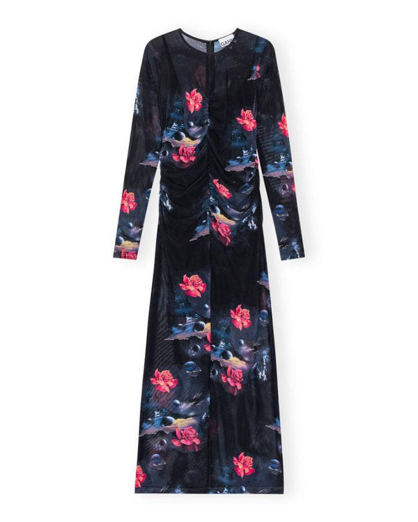 Ganni Printed Mesh O-Neck Ruched Long Dress – BLU'S