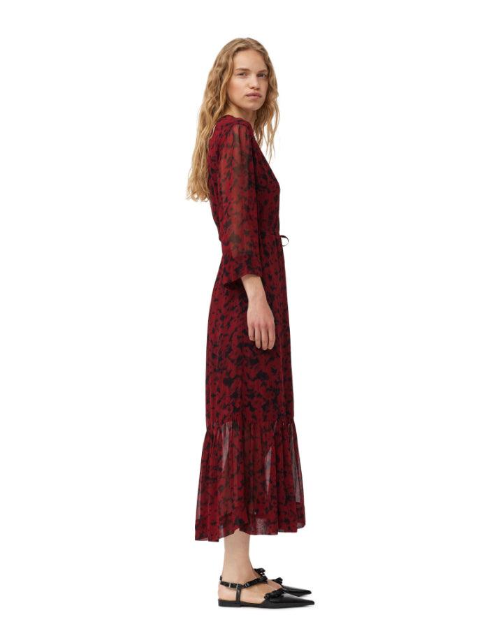 Ganni - Red Print Georgette Wrap Midi Dress