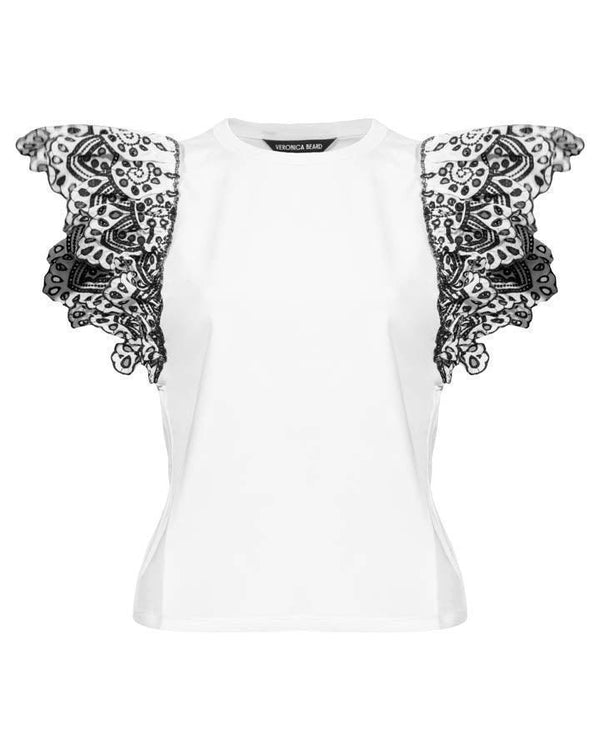 Veronica Beard Julianka Ruffle Eyelet Cap Sleeve Top