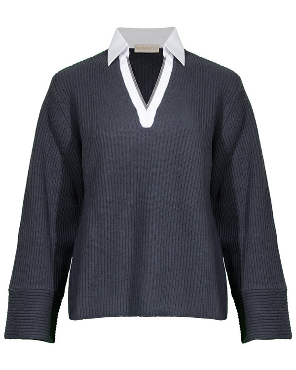 Purotatto V-Neck Ribbed Pullover With Faux Collar