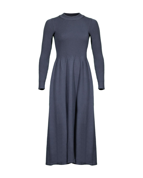 Purotatto Long Sleeve Wool Knit Dress With Loosered Skirt
