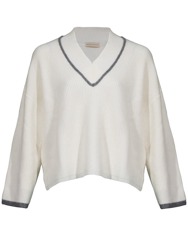 Purotatto V-Neck Two-Tone Ribbed Wool Cashmere Pullover