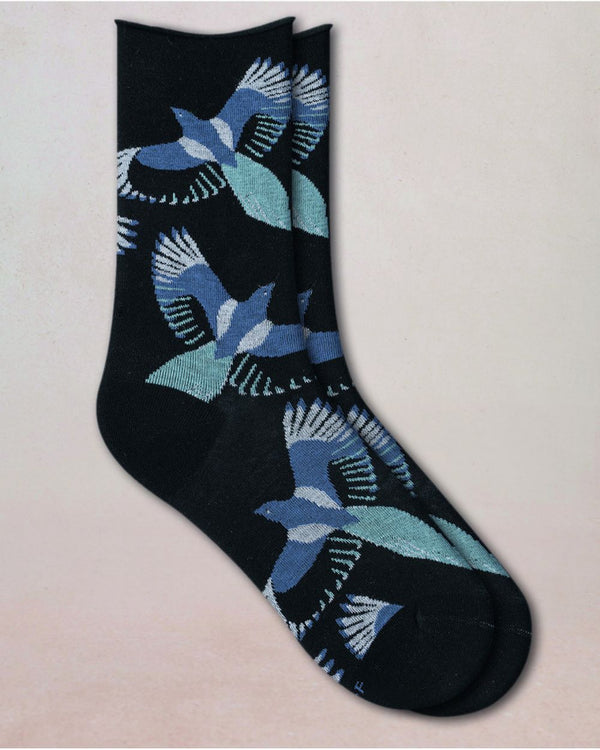 Bleu Foret Velvet Bird Pattern Socks