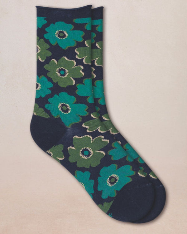Bleu Foret Velvet Petunias Pattern Socks