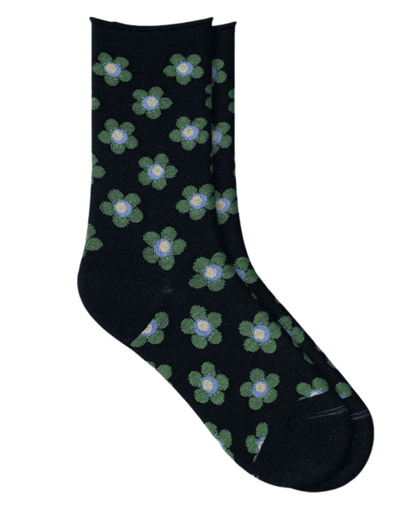 Bleu Foret Fine Wool Flowers Print Socks