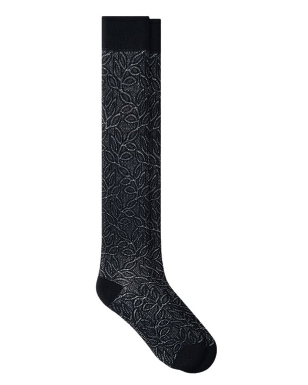 Bleu Foret Foliage Pattern Silk Knee Highs