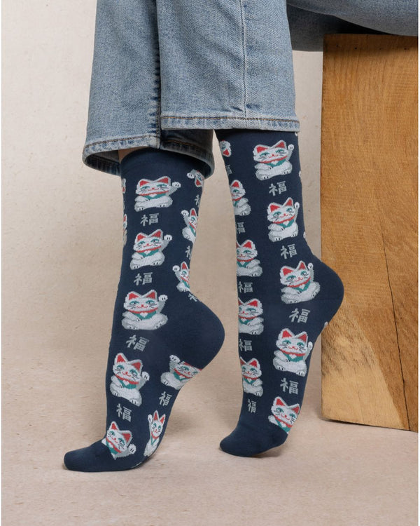 Bleu Foret Lucky Charm Cat Pattern Socks