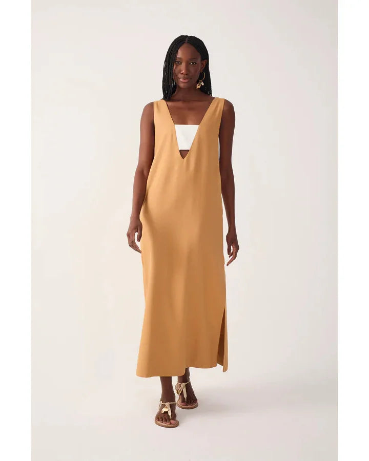 Women's Long Linen Maxi Dress Women's Long Linen Maxi Dress – Cutout Waist, Slit, Sleeveless Twist Front, Casual Summer Midi With Ribbed Knit