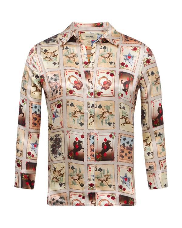 L'Agence Dani Silk Western Cards Print Blouse
