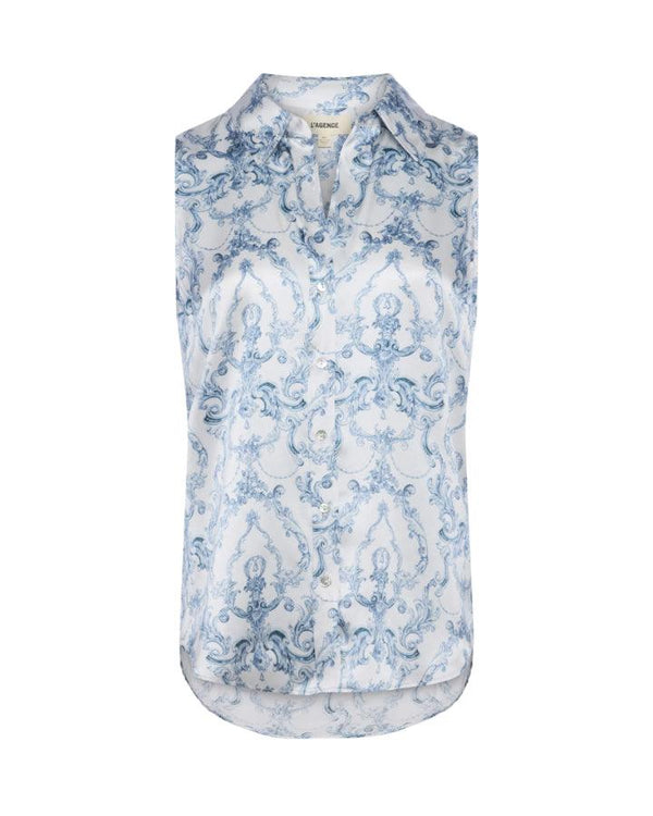 L'Agence Emmy Blue Scroll Sleeveless Blouse