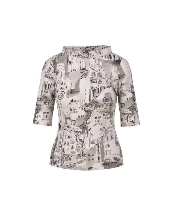 Marc Cain City Print Wide Stand Collar Tee