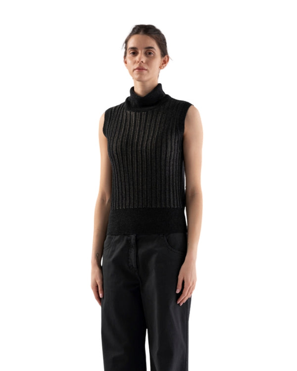 Tonet Sleeveless Knit T-Neck With Metallic Detail