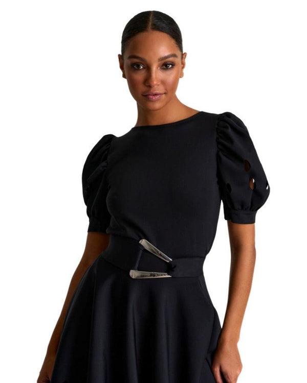 Shan - Shan Balloon Sleeve Top With Oval Cutouts