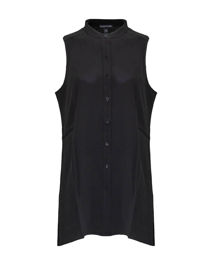 Eileen Fisher - Silk Mandarin Collar Sleeveless Shirt Black