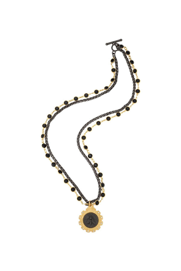 French Kande - Black Crystal Abeille Medal Necklace