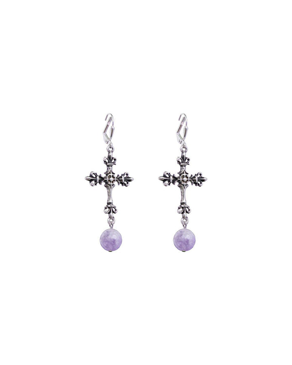 French Kande - Cross with Amethyst Dangle Earrings