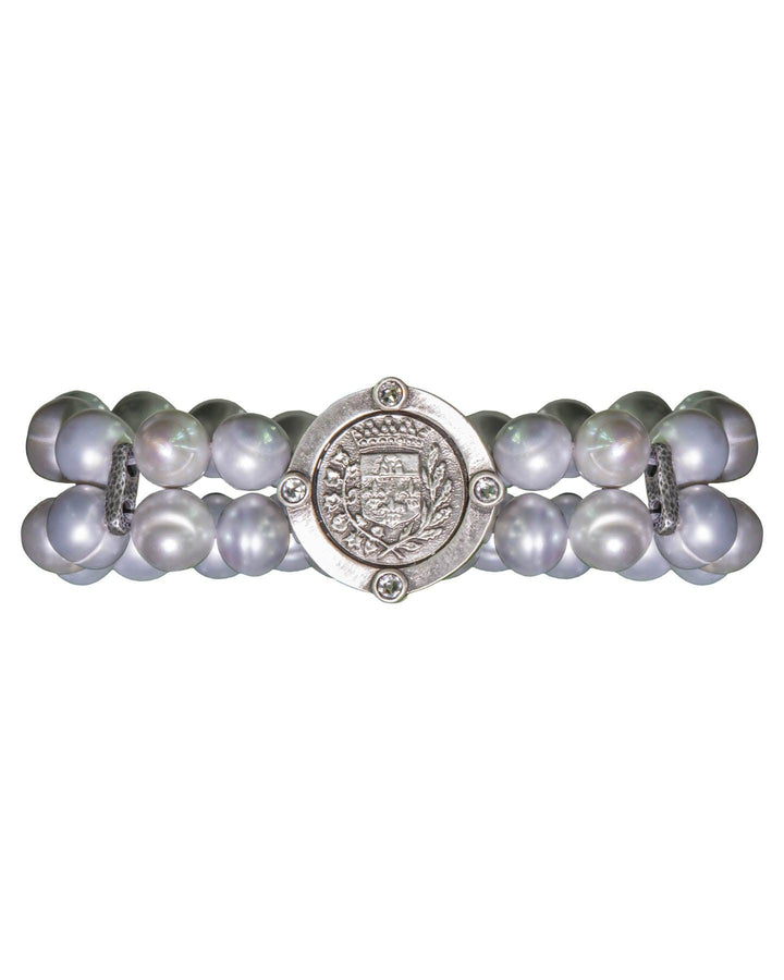 French Kande - Double Strand Silver Pearl and Gustave Medallion Bracelet
