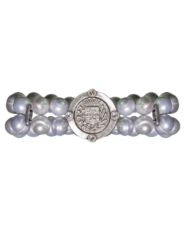 French Kande - Double Strand Silver Pearl and Gustave Medallion Bracelet