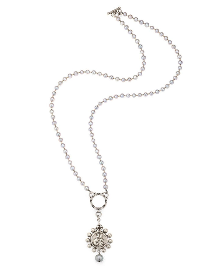 French Kande - Silver Pearls Mary Medal Necklace