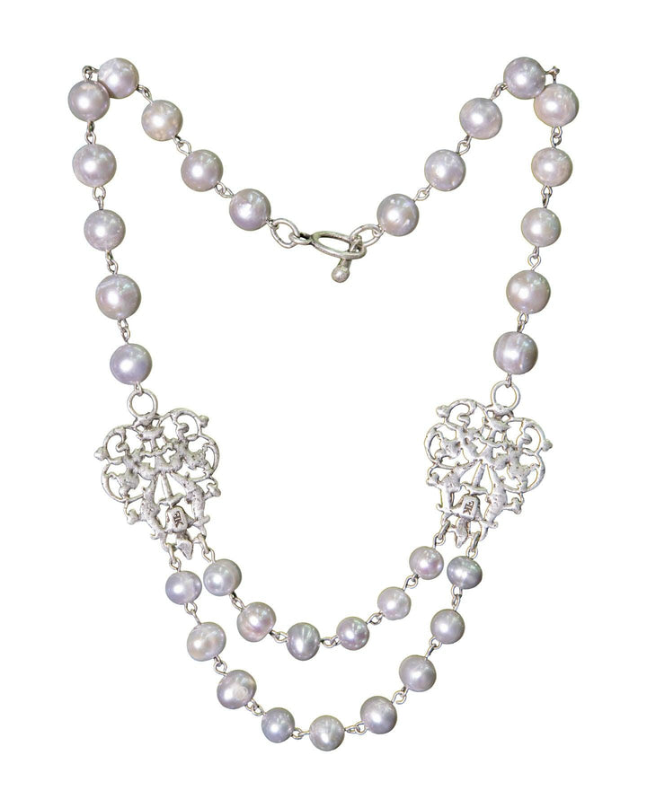 French Kande - Silver Pearls Necklace with Twin French Filigree Pendants