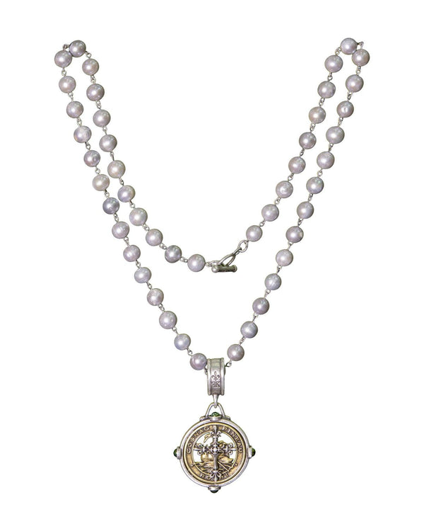 French Kande - Silver Perals with Pineau Cross Stack Medallion Necklace
