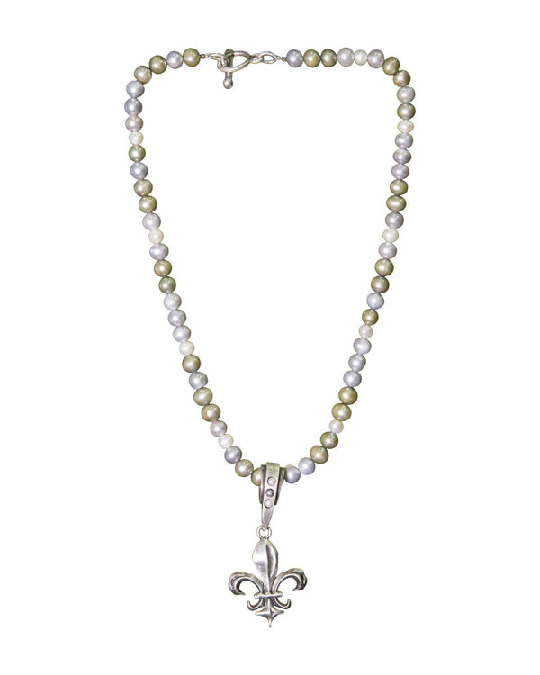 French Kande - Tri-Color Pearls with Fleur Pendant Necklace