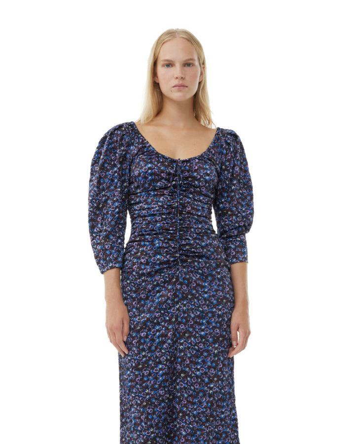 ganni crinkled satin midi dress Ganni Floral Crinkled Satin U-Neck Midi Dress – BLU'S