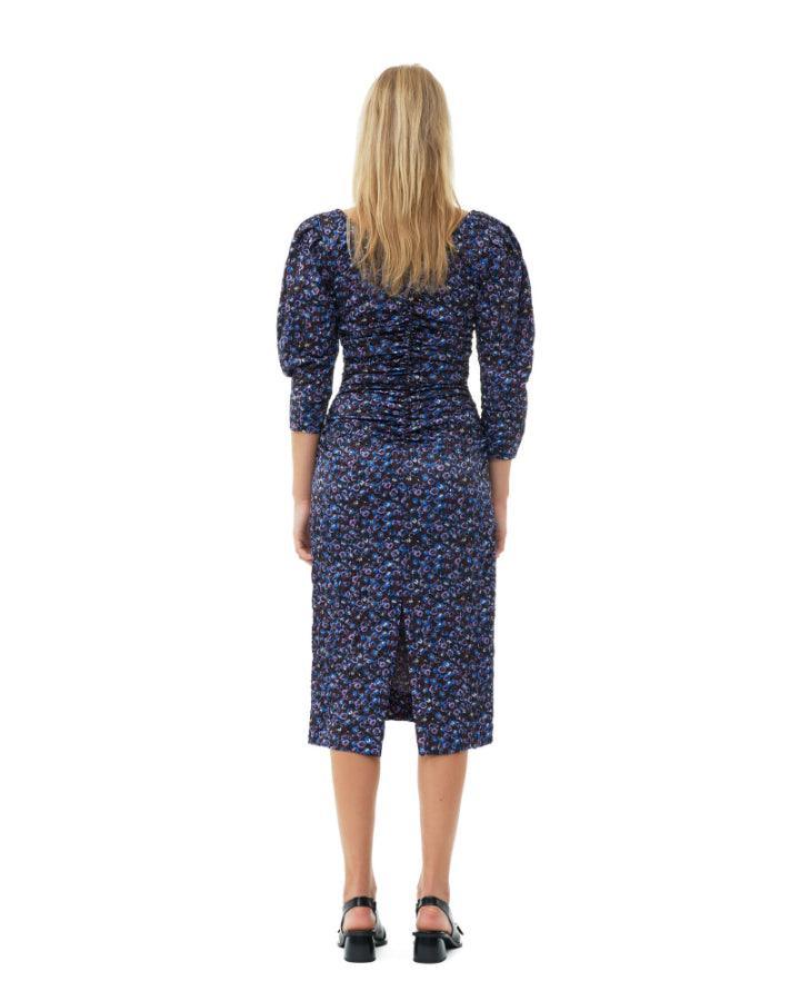 ganni crinkled satin midi dress Ganni Floral Crinkled Satin U-Neck Midi Dress – BLU'S