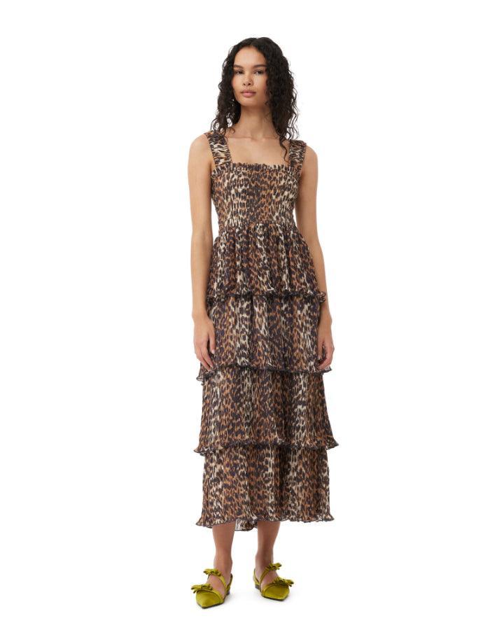 Ganni Leopard Pleated Georgette Flounce Smock Midi Dress – BLU'S