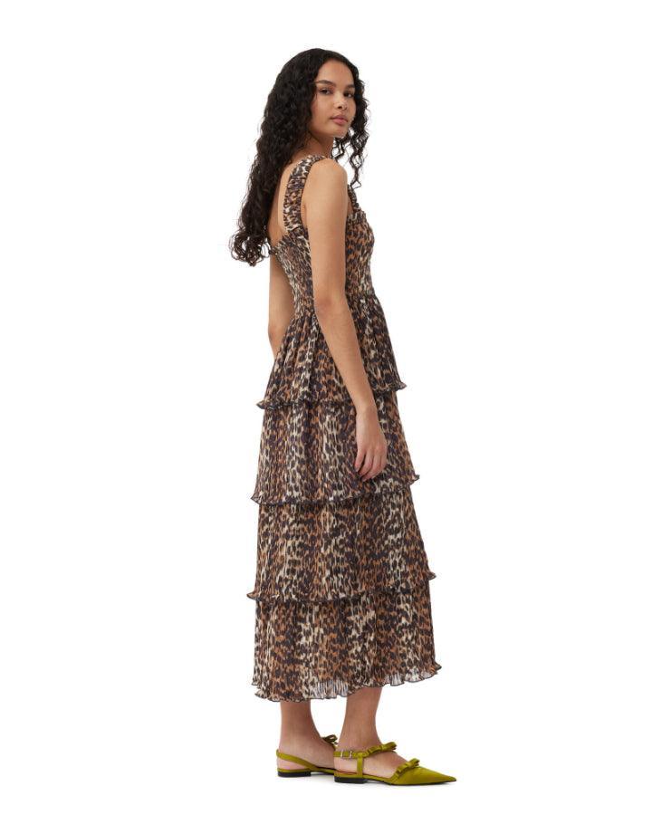 Ganni Leopard Pleated Georgette Flounce Smock Midi Dress BLU'S Ganni Leopard Pleated Georgette Flounce Smock Midi Dress BLU'S