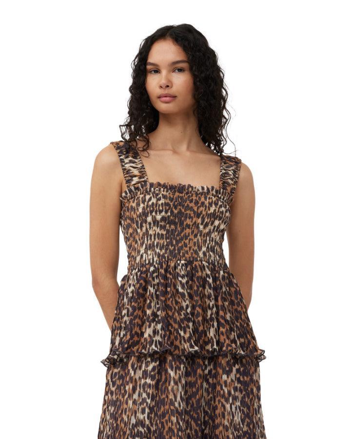 Ganni Leopard Pleated Georgette Flounce Smock Midi Dress BLU'S Ganni Leopard Pleated Georgette Flounce Smock Midi Dress BLU'S