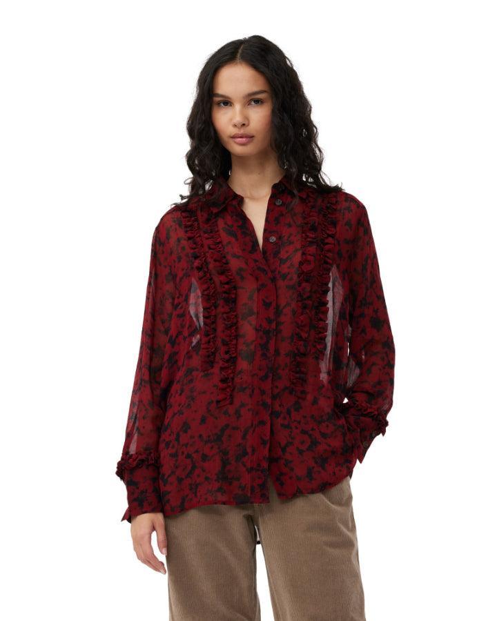 Ganni - Red Print Georgette Ruffle Shirt