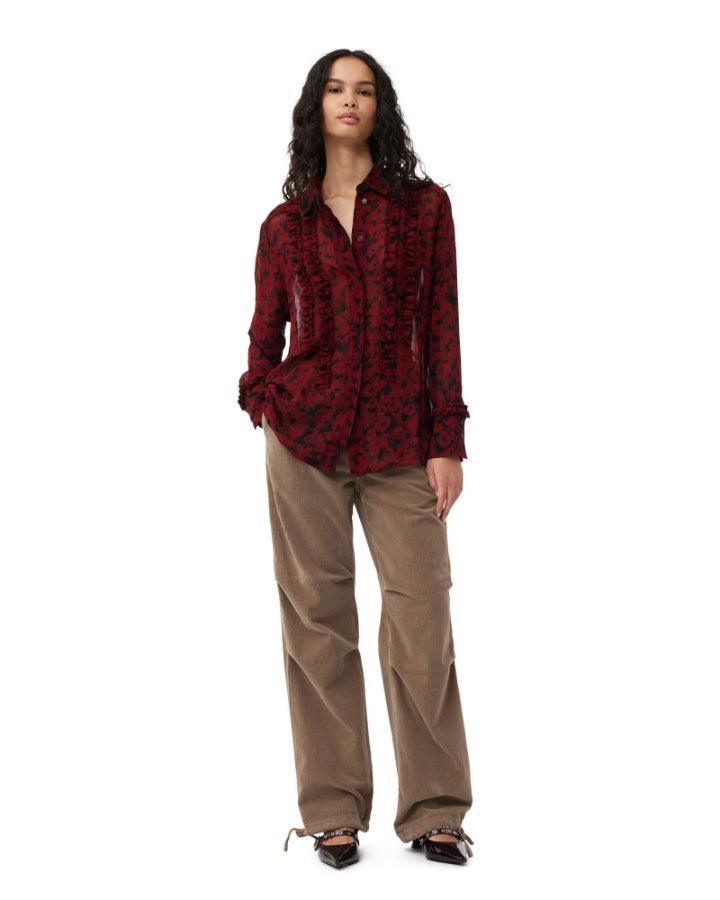 Ganni - Red Print Georgette Ruffle Shirt