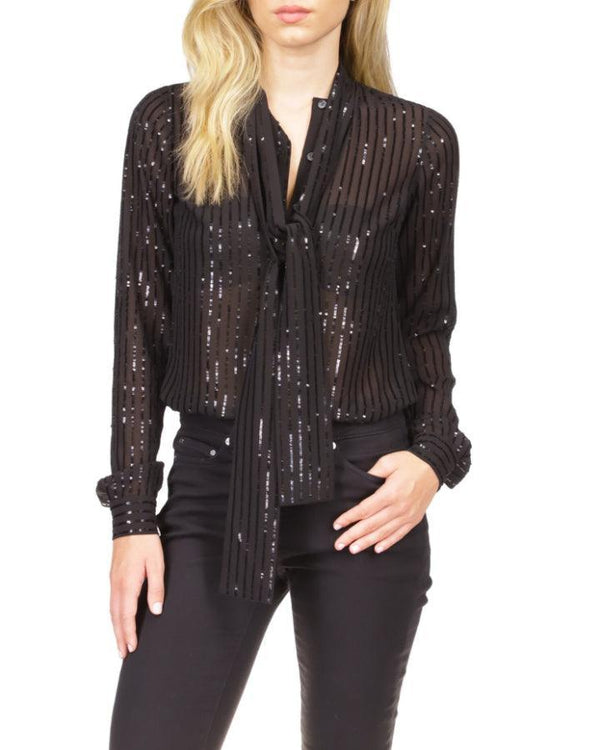 Michael Kors - Pinstripe Sequined Georgette Tie Blouse