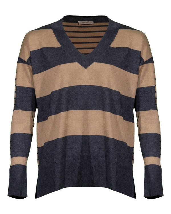 Purotatto - Contrast Stripe V-Neck Sweater