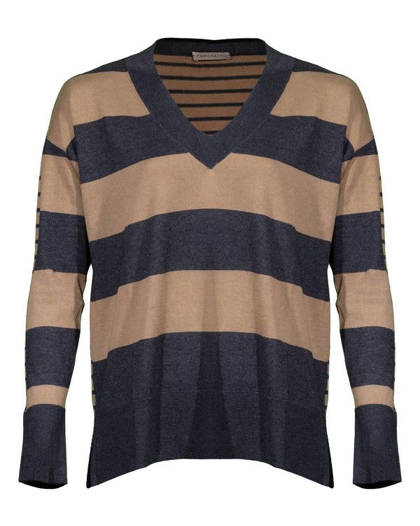 Purotatto - Contrast Stripe V-Neck Sweater