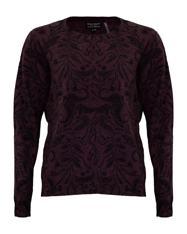 Repeat - Cashmere Floral Design Crew Neck Sweater Burgundy