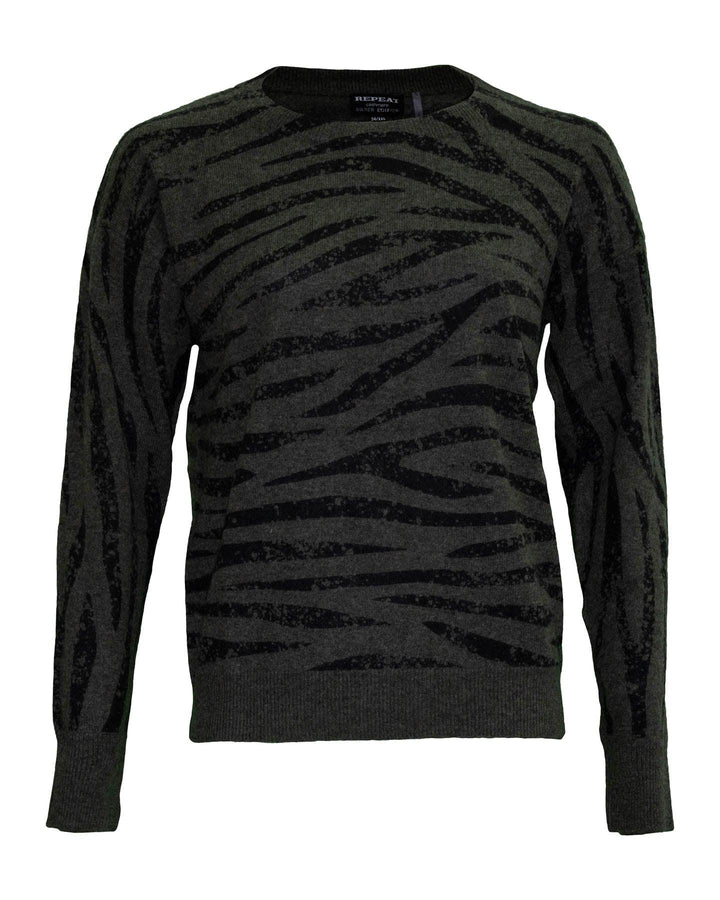 Repeat - Cashmere Tiger Print Crew Neck Sweater Khaki