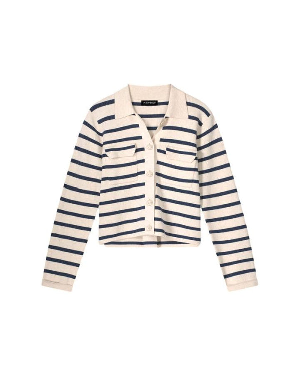Repeat - Cotton Knit Striped Cardigan With Polo Neck