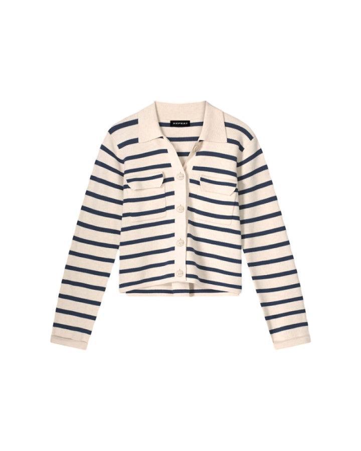 Repeat - Cotton Knit Striped Cardigan With Polo Neck