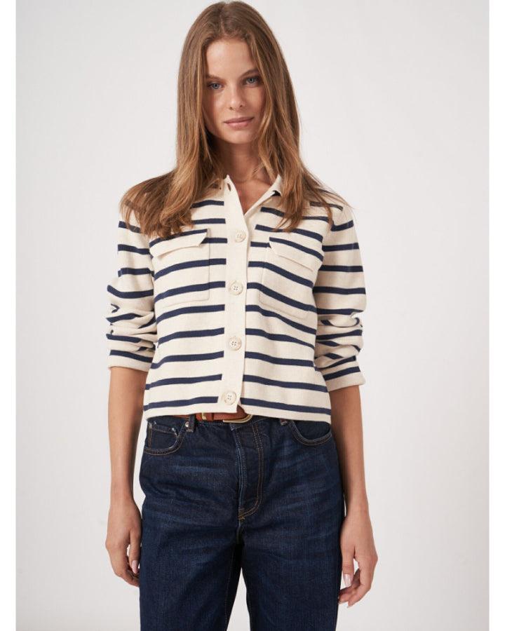 Repeat - Cotton Knit Striped Cardigan With Polo Neck