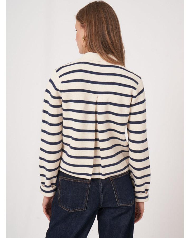 Repeat - Cotton Knit Striped Cardigan With Polo Neck