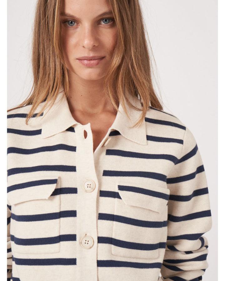 Repeat - Cotton Knit Striped Cardigan With Polo Neck