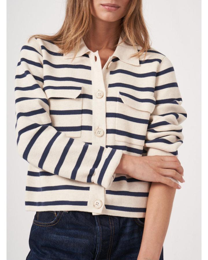Repeat - Cotton Knit Striped Cardigan With Polo Neck