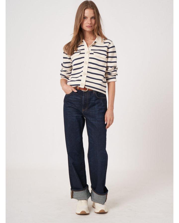 Repeat - Cotton Knit Striped Cardigan With Polo Neck