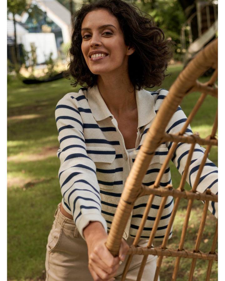 Repeat - Cotton Knit Striped Cardigan With Polo Neck